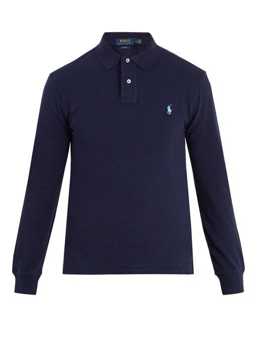 R L Long-sleeved Cotton-Piqué Polo Shirt Navyblue - Obeezi