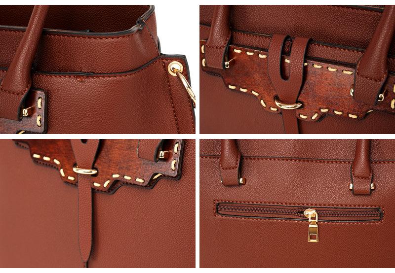 Rad Black Leather 3 In 1 Handbag With Wood Trimmings - Obeezi.com