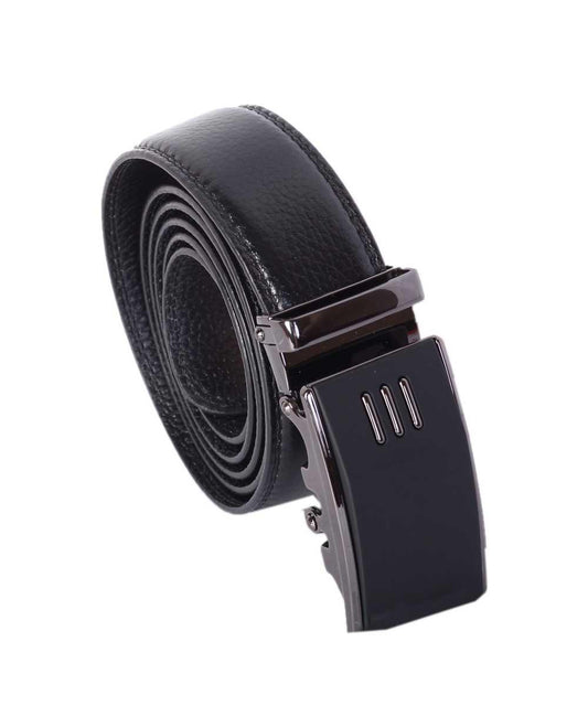 Ratchet 3 Stripe Buckle Automatic Black Leather Belt - Obeezi.com