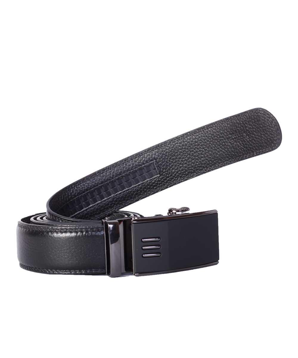 Ratchet 3 Stripe Buckle Automatic Black Leather Belt - Obeezi.com