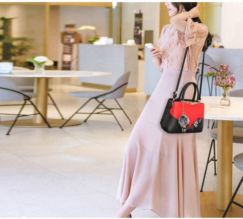 Red Black French Fur Cham Shape Tote Handbag - Obeezi.com