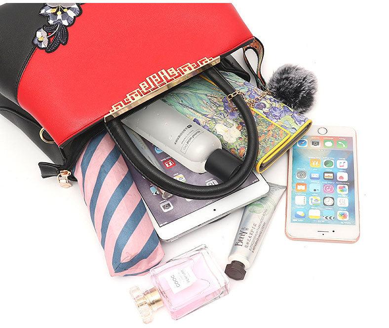 Red Black French Fur Cham Shape Tote Handbag - Obeezi.com