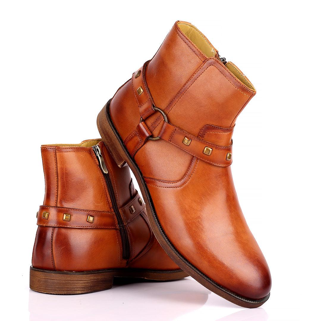 Renato Dulbecc High Ankle Shoe With Belt and Gold Design Formal Shoe- Brown - Obeezi.com