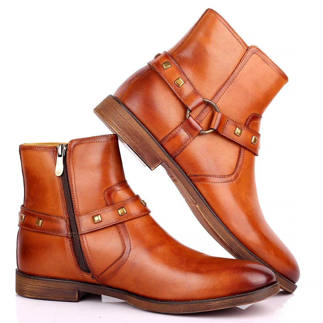 Renato Dulbecc High Ankle Shoe With Belt and Gold Design Formal Shoe- Brown - Obeezi.com