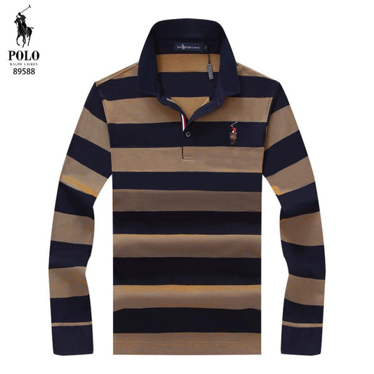 RL Custom Fit Navy Blue and Brown Stripped Longsleeve Polo - Obeezi