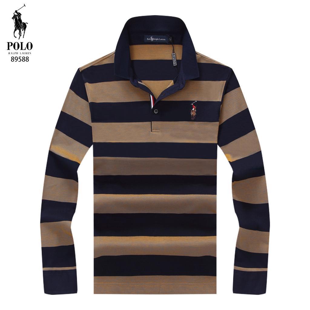 RL Custom Fit Navy Blue and Brown Stripped Longsleeve Polo - Obeezi