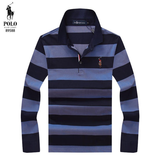 RL Custom Fit Navy Blue and Purple Striped Longsleeve Polo - Obeezi
