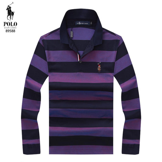 RL Custom Fit Navy Blue Deep Purple Striped Longsleeve Polo - Obeezi