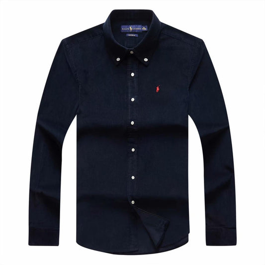 RL Custom Fit NavyBlue Suede Long-Sleeve Shirt With Small Pony - Obeezi