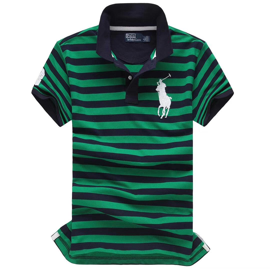 RL Custom Fitted Big Horse Multi-Strip Black Green polo - Obeezi