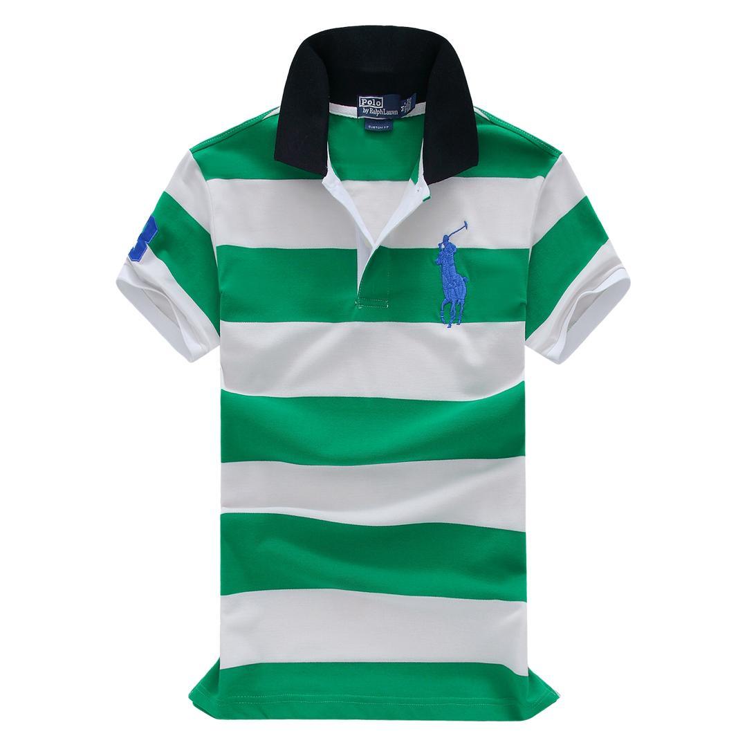 RL Custom Fitted Big Horse Multi-Strip Green And White polo - Obeezi