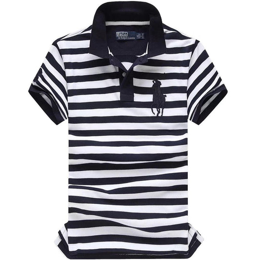 RL Custom Fitted Big Horse Multi-Strip Navy Blue Wht polo - Obeezi