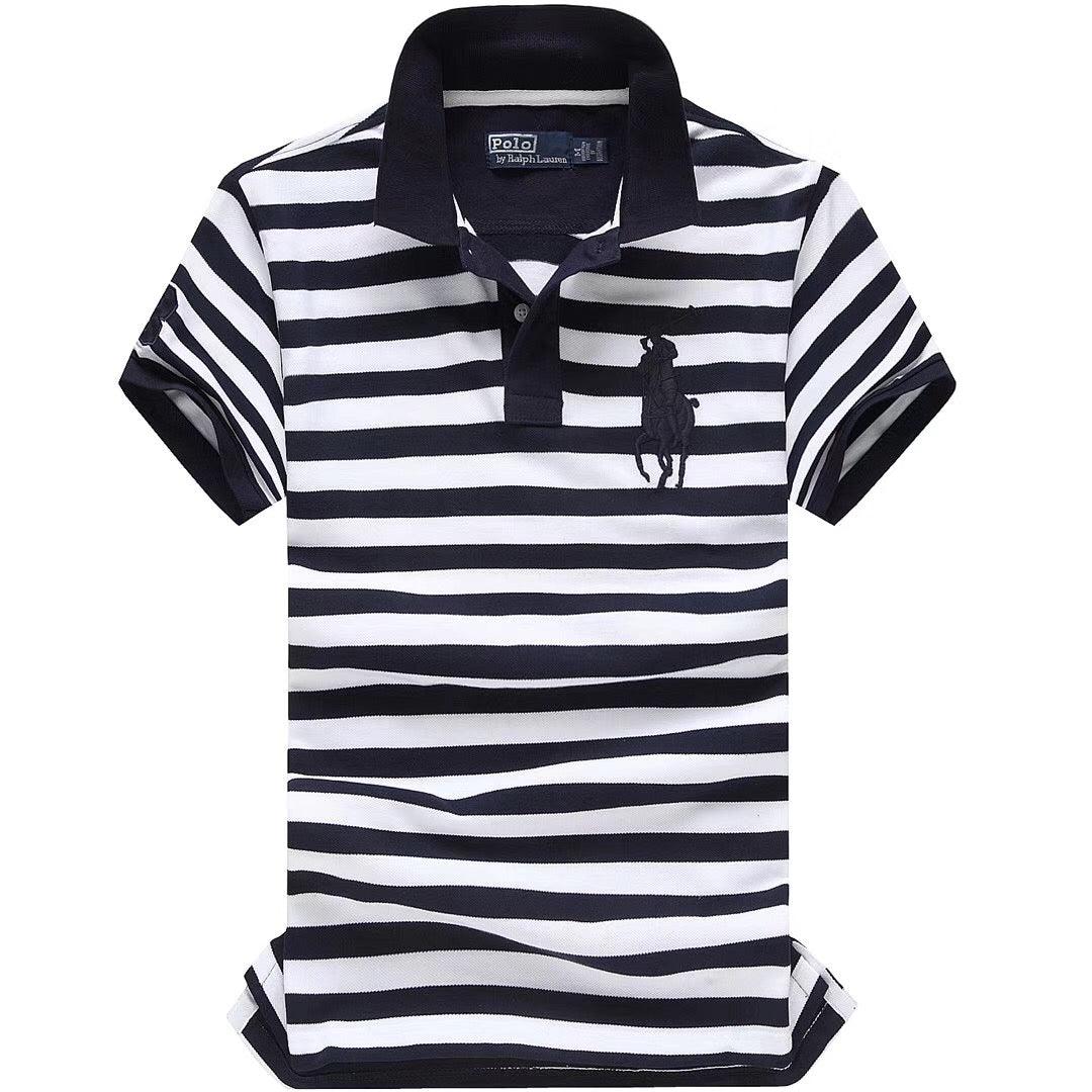 RL Custom Fitted Big Horse Multi-Strip Navy Blue Wht polo - Obeezi