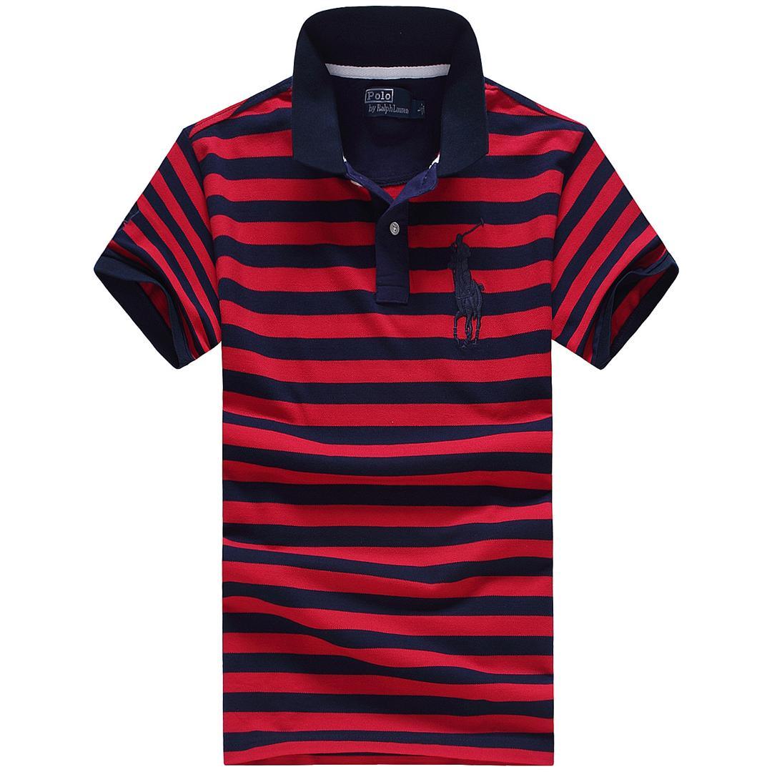 RL Custom Fitted BigHorse Multi-Strip Navy Blue Red Polo - Obeezi