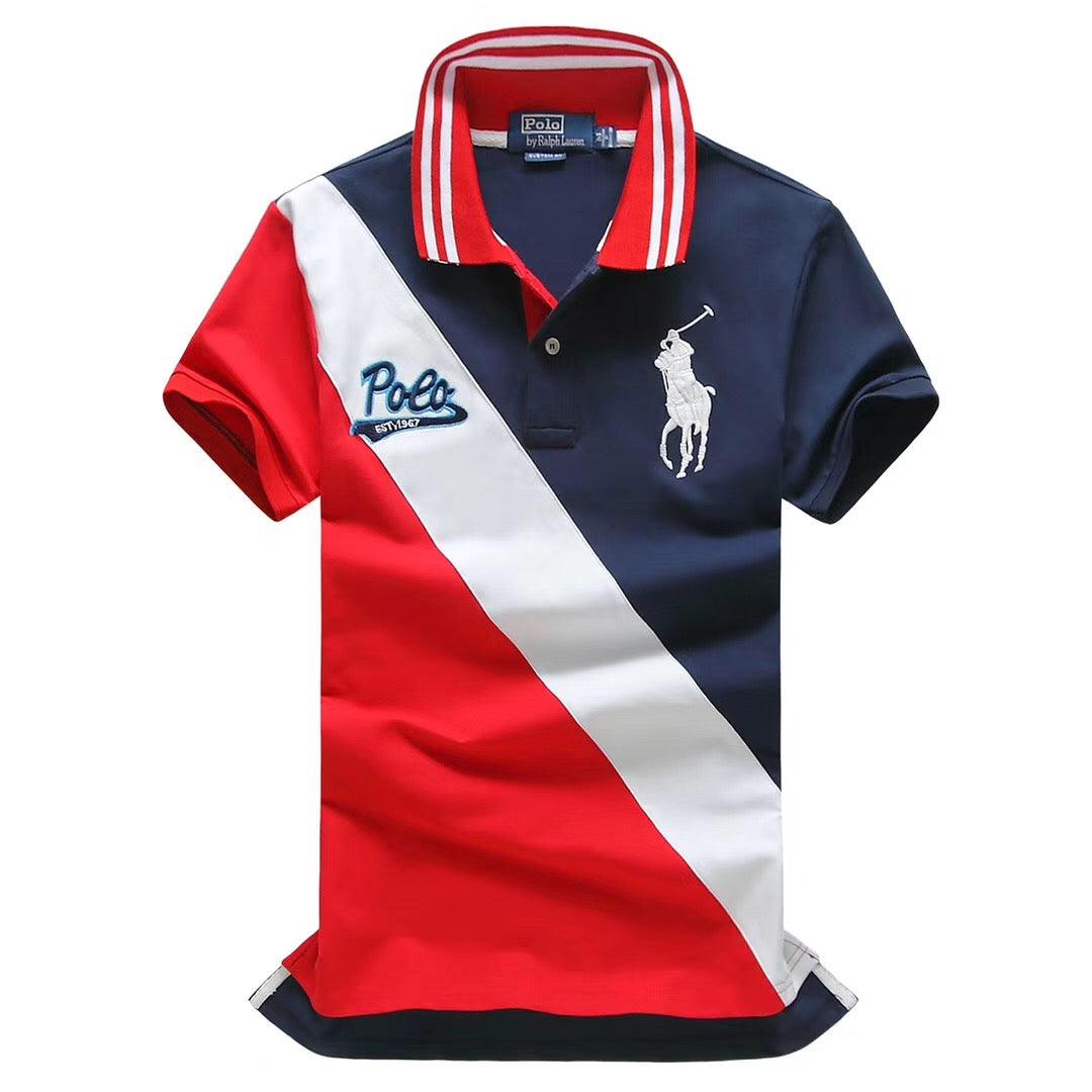 RL Custom Fitted Blue/Red Short Sleeve Polo - Obeezi