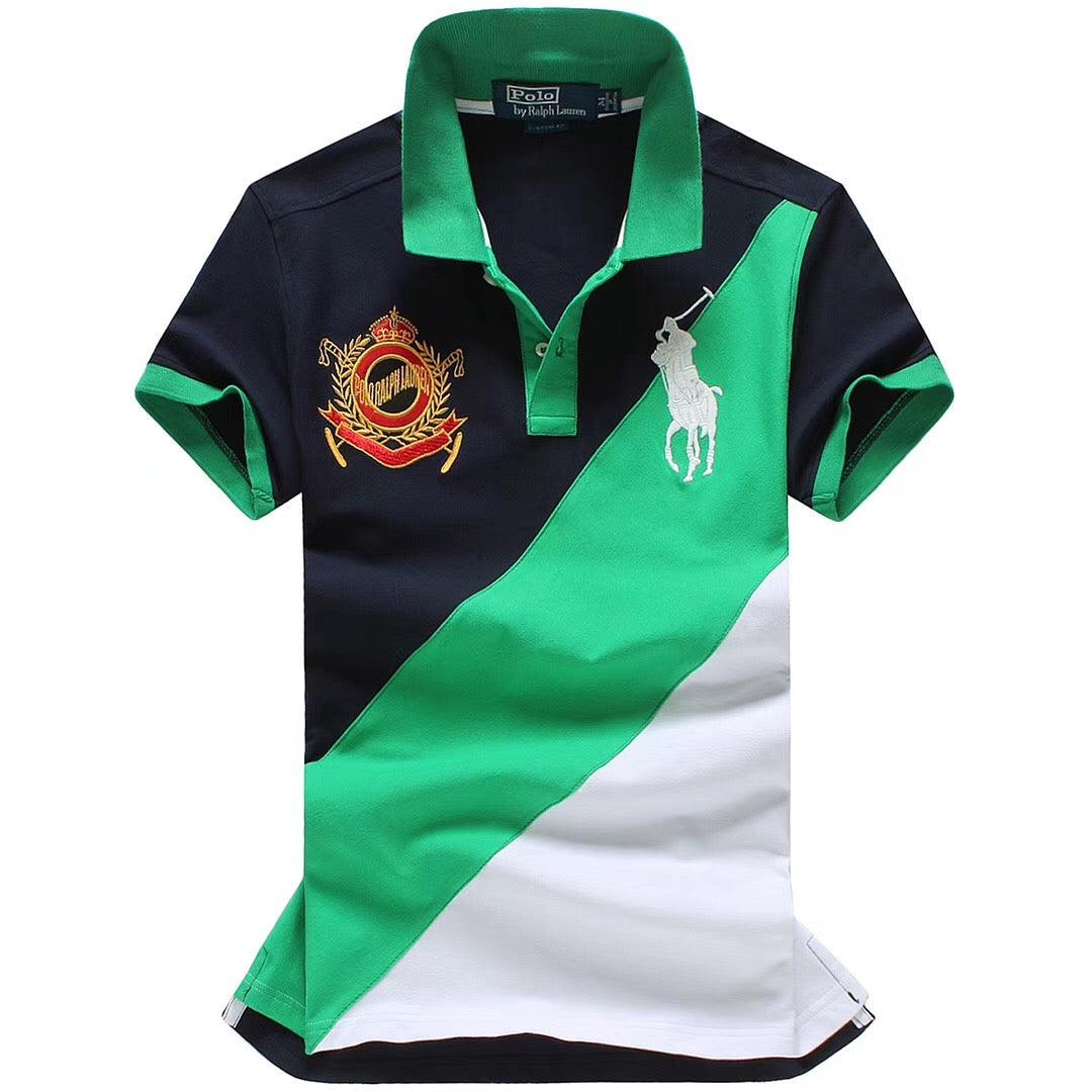 RL Custom Fitted Diagonal Strip Green White Navy Shirt - Obeezi