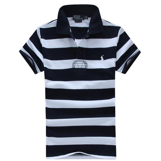 RL Custom Fitted Small Horse Multi Strip Navy Blue/White Polo - Obeezi