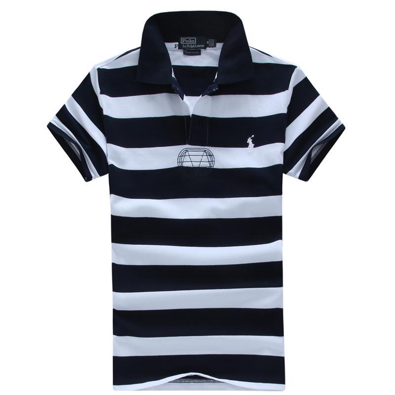 RL Custom Fitted Small Horse Multi Strip Navy Blue/White Polo - Obeezi