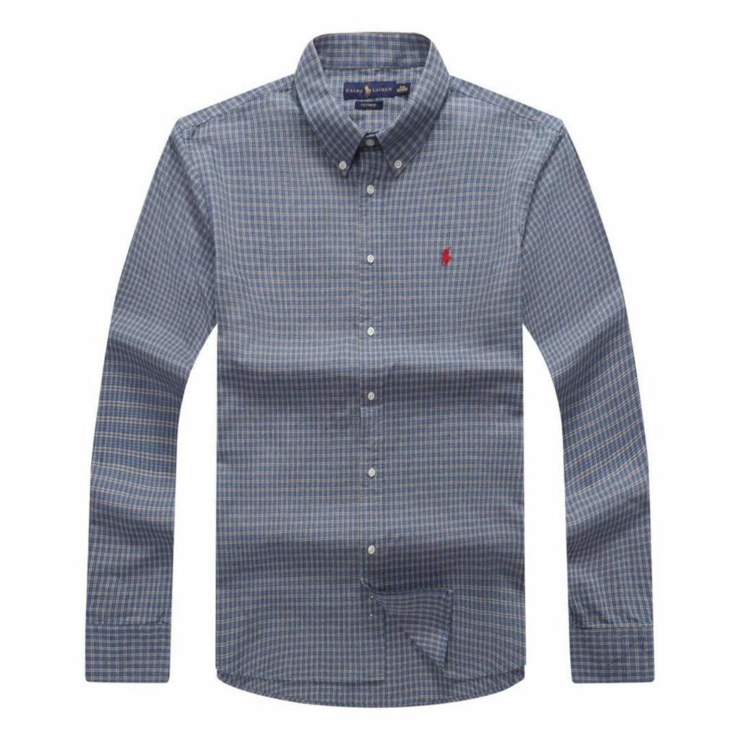 RL Custom Men's Casual Grey Blue Crest Check Longsleeve Shirt - Obeezi