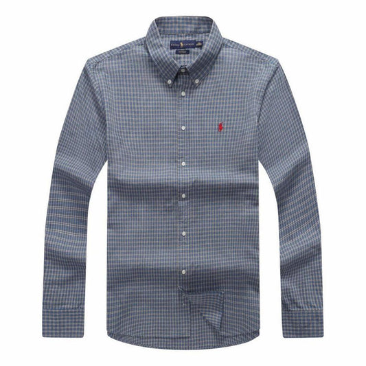 RL Custom Men's Casual Grey Blue Crest Check Longsleeve Shirt - Obeezi