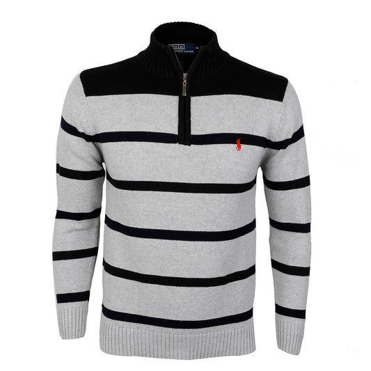 RL Men's Stripe Half-Zipper Black and Grey Cardigan - Obeezi