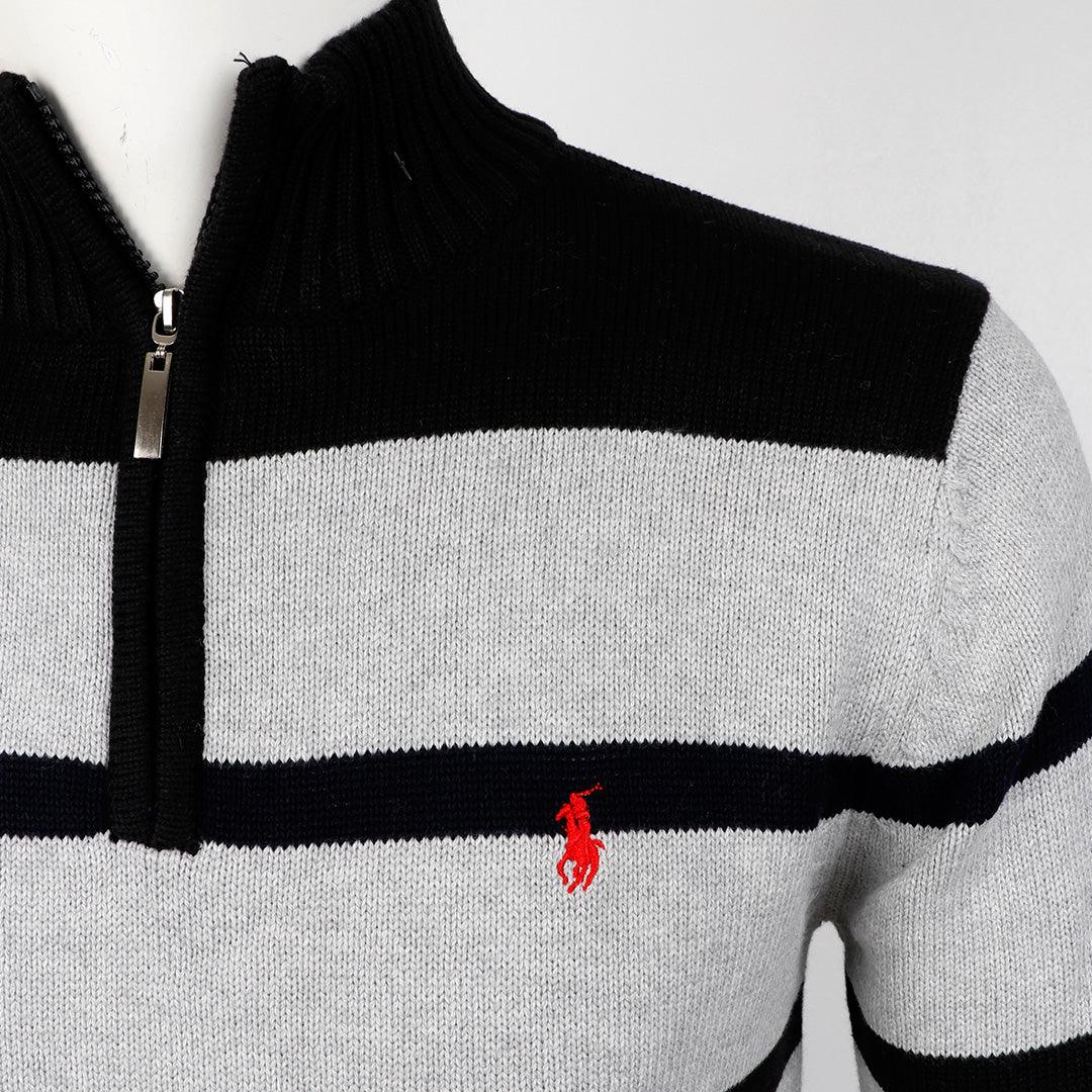 RL Men's Stripe Half-Zipper Black and Grey Cardigan - Obeezi