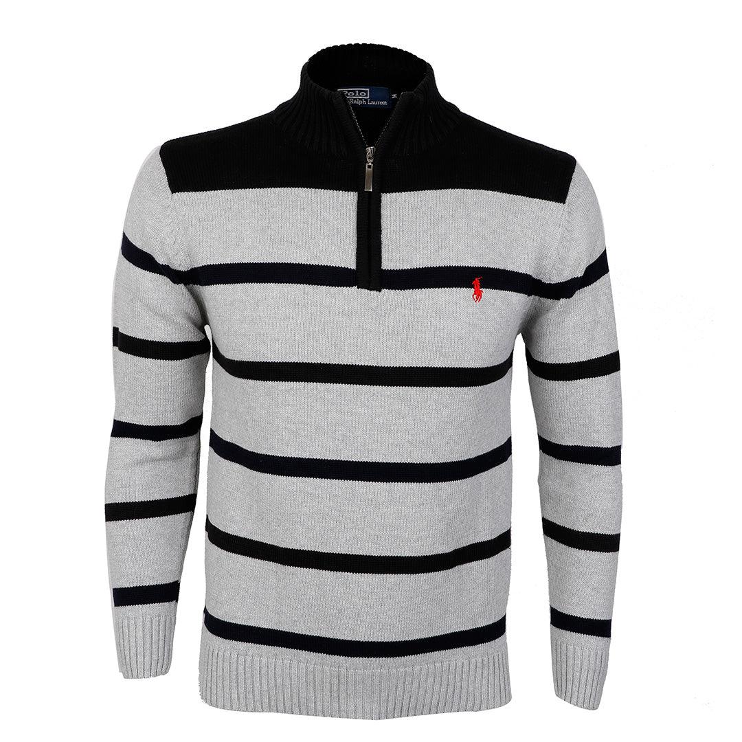 RL Men's Stripe Half-Zipper Black and Grey Cardigan - Obeezi