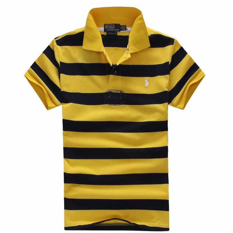 RL Men Stripe Short Sleeve Polo Small Pony Yellow - Obeezi
