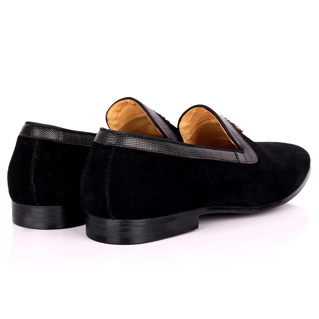 Robert Exquisite Gold Logo Designed Black Suede Shoe - Obeezi.com