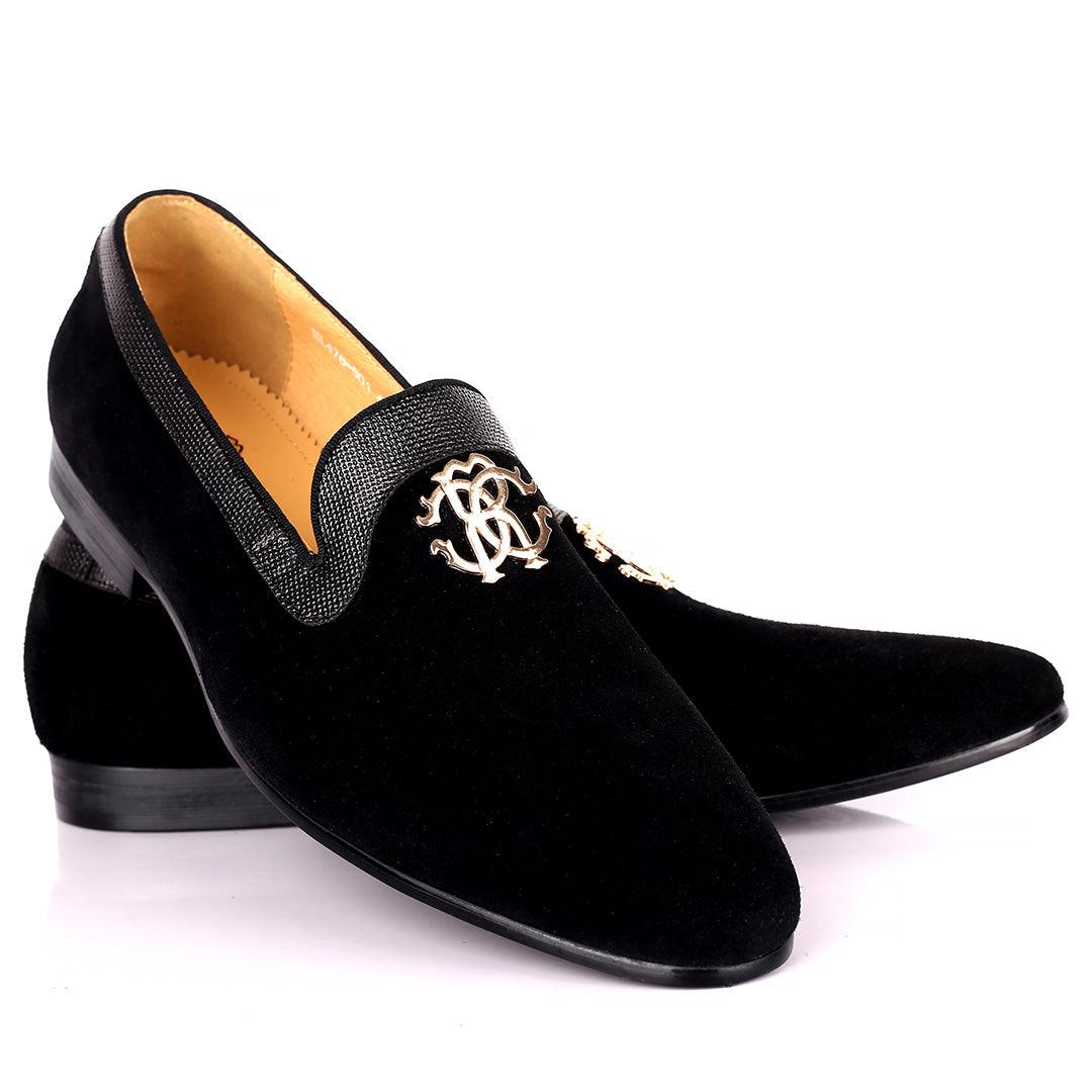 Robert Exquisite Gold Logo Designed Black Suede Shoe - Obeezi.com