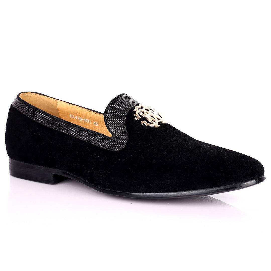 Robert Exquisite Gold Logo Designed Black Suede Shoe - Obeezi.com