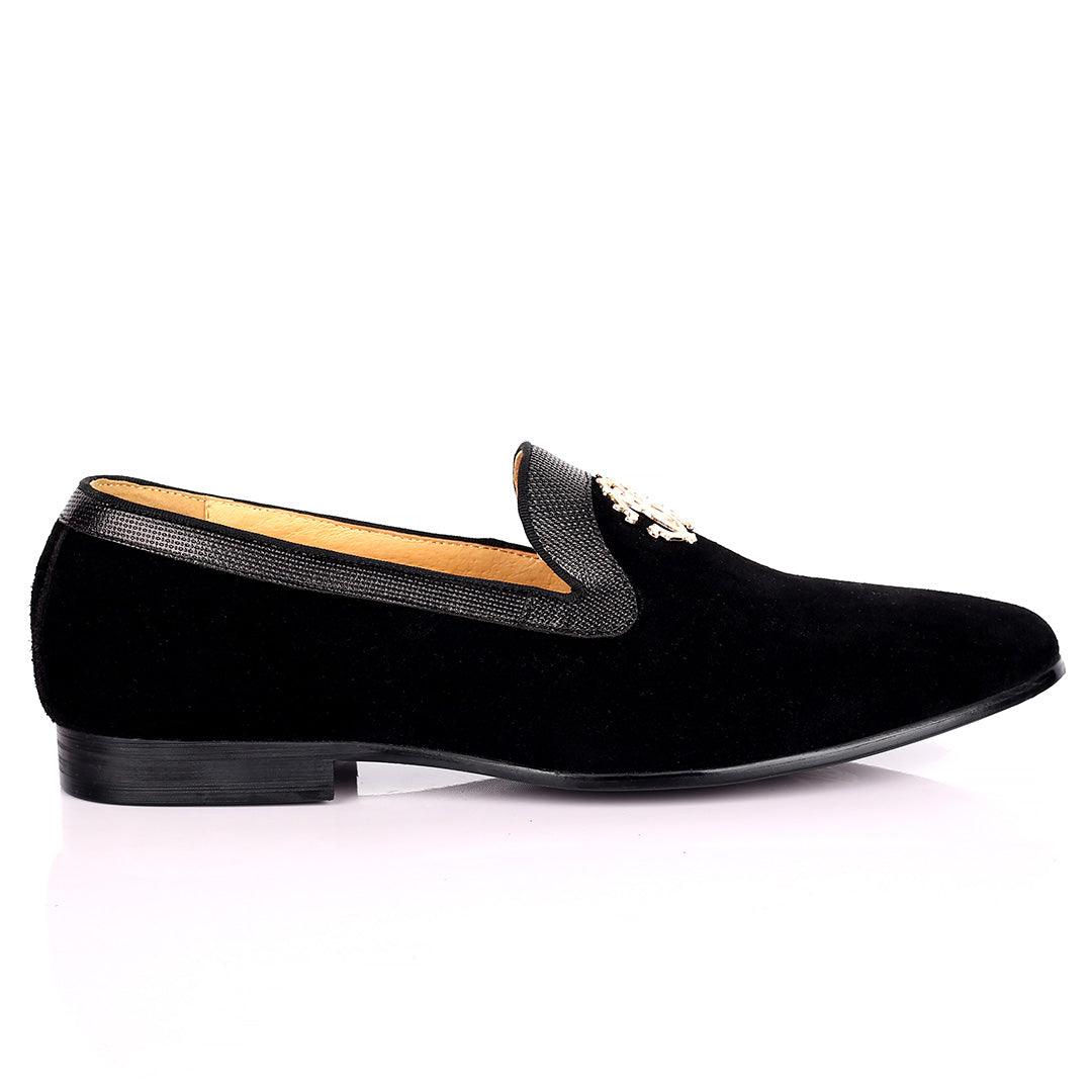 Robert Exquisite Gold Logo Designed Black Suede Shoe - Obeezi.com