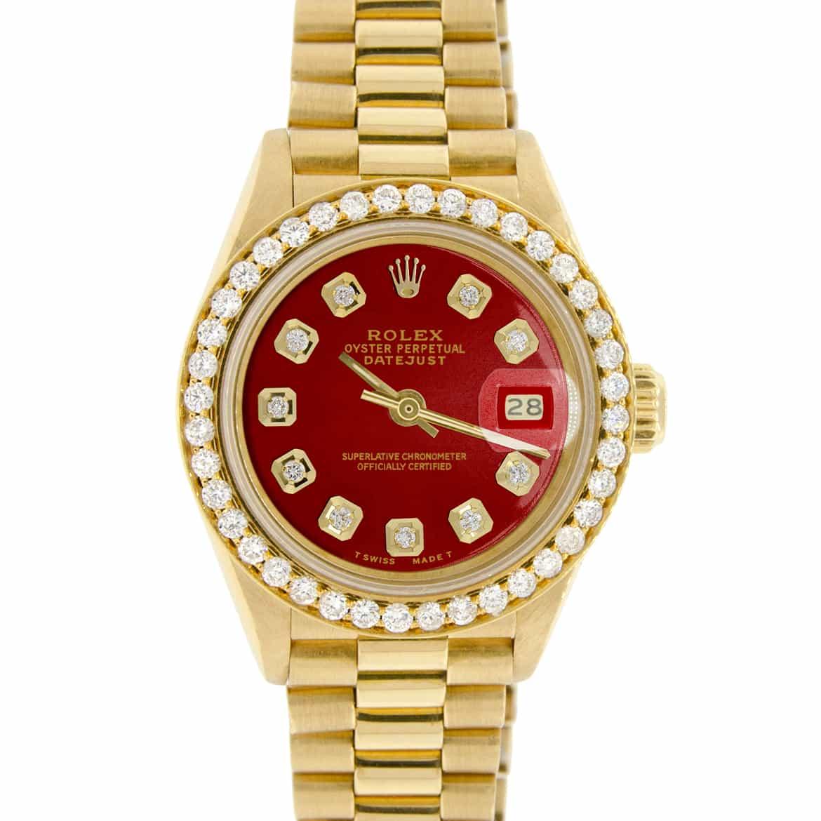 Rolex President Date Just Ladies 18K Yellow Gold 26MM w/Red Diamond Dial & Bezel - Obeezi.com
