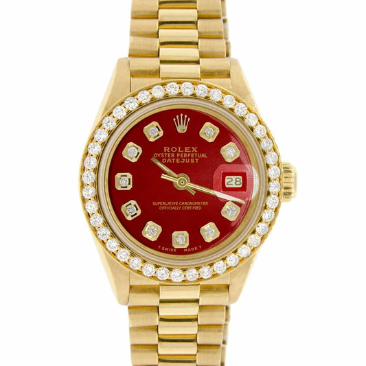 Rolex President Date Just Ladies 18K Yellow Gold 26MM w/Red Diamond Dial & Bezel - Obeezi.com