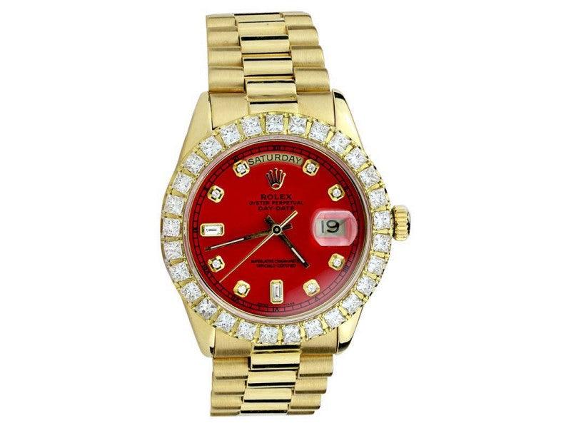 Rolex President Date Just Ladies 18K Yellow Gold 26MM w/Red Diamond Dial & Bezel - Obeezi.com