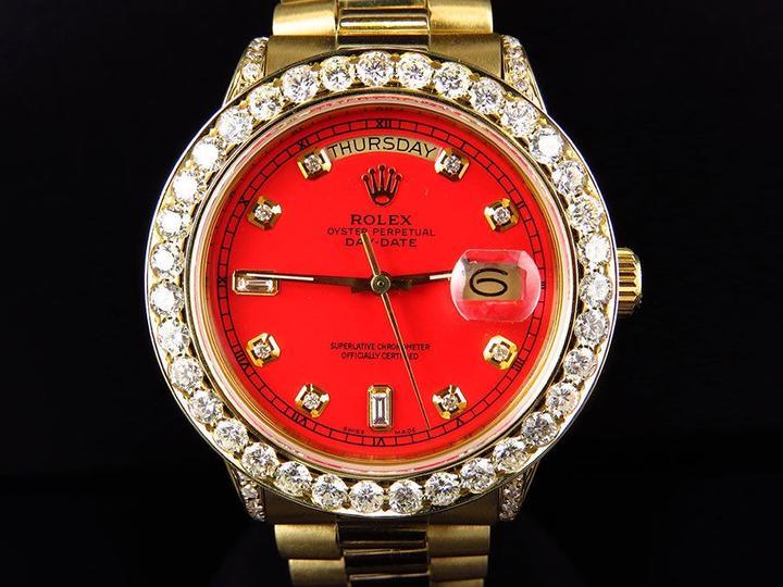 Rolex President Date Just Ladies 18K Yellow Gold 26MM w/Red Diamond Dial & Bezel - Obeezi.com