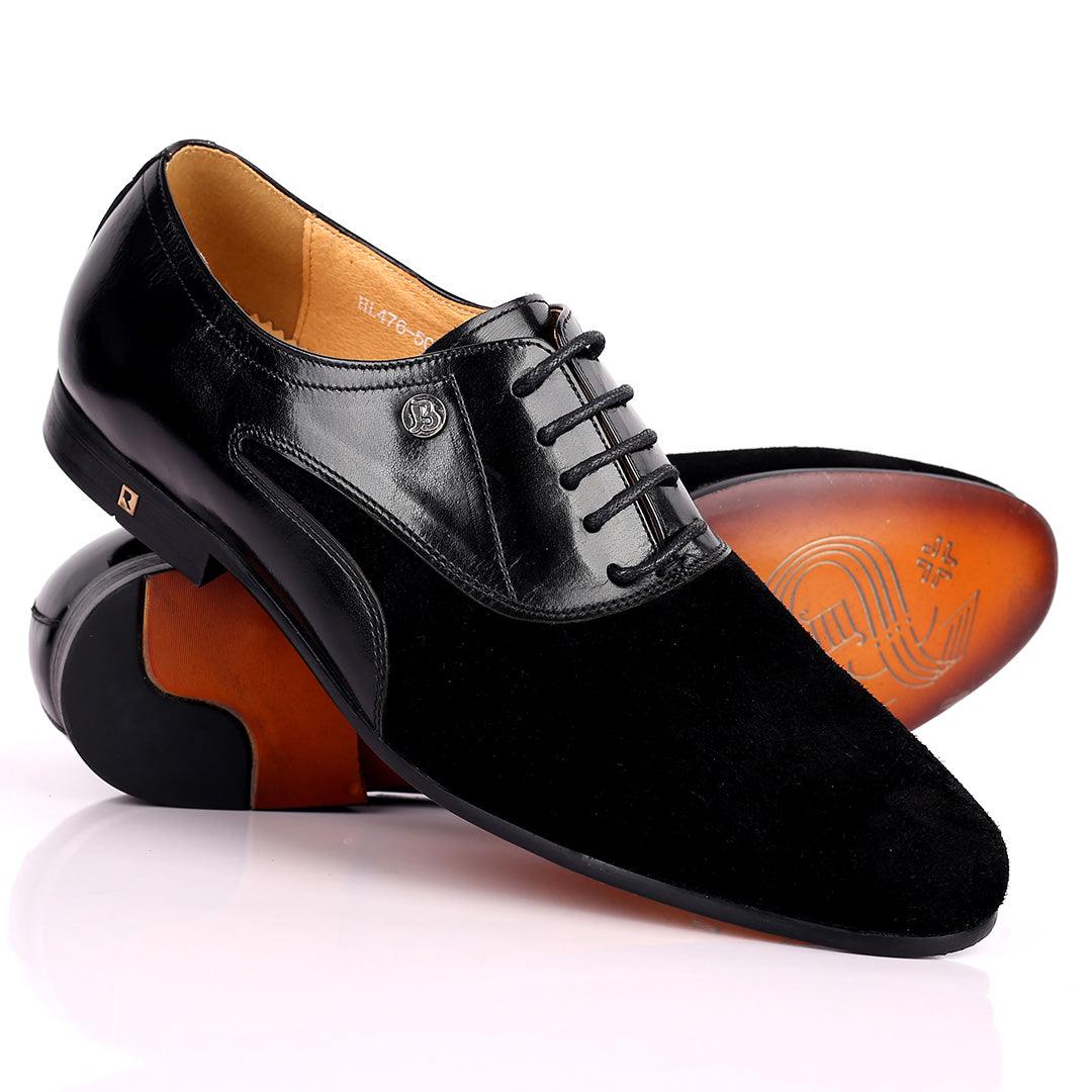 Ross Exquisite Half Suede Designed Lace up Leather Shoe - Black - Obeezi.com