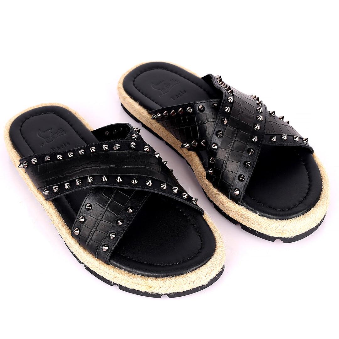 Salv Spike And Cow Hide Designed Original Cross Leather Slippers - Black - Obeezi.com