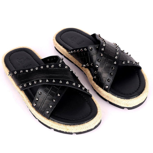 Salv Spike And Cow Hide Designed Original Cross Leather Slippers - Black - Obeezi.com