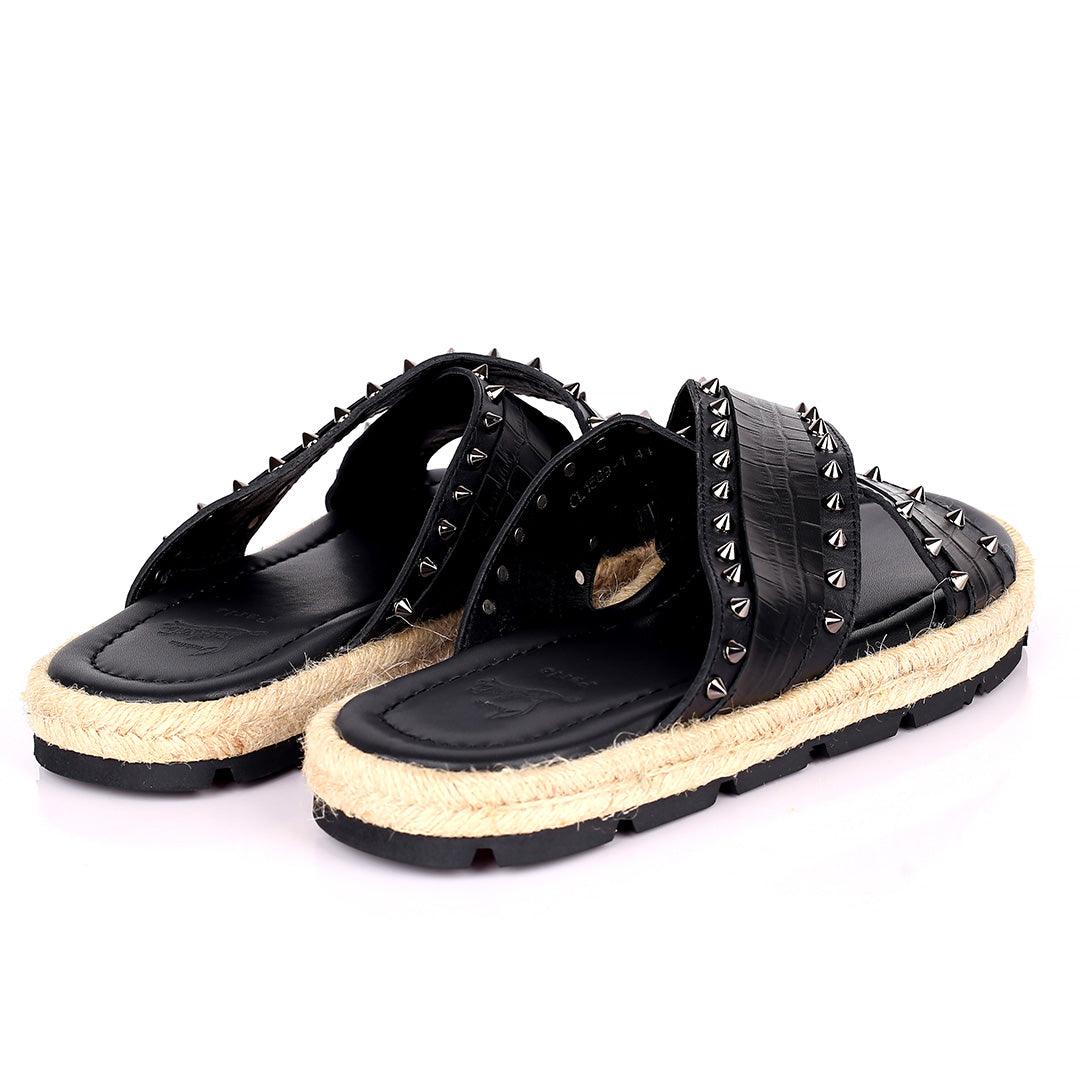 Salv Spike And Cow Hide Designed Original Cross Leather Slippers - Black - Obeezi.com