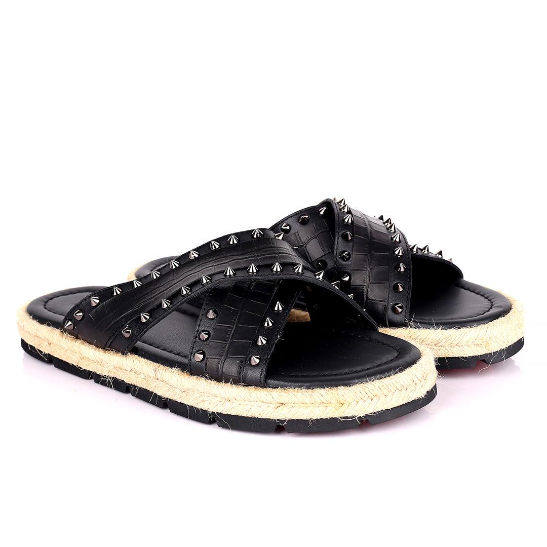 Salv Spike And Cow Hide Designed Original Cross Leather Slippers - Black - Obeezi.com