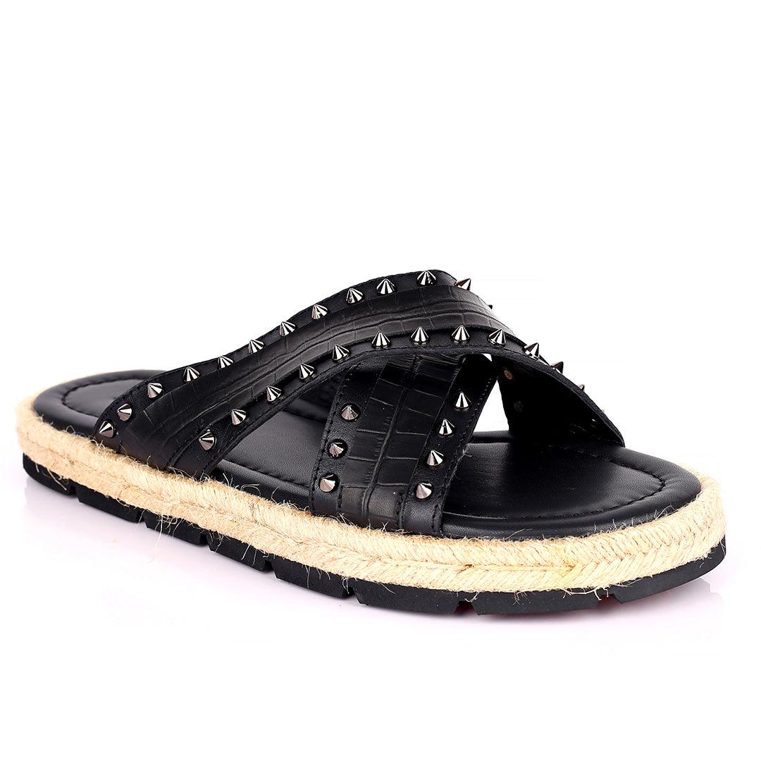 Salv Spike And Cow Hide Designed Original Cross Leather Slippers - Black - Obeezi.com