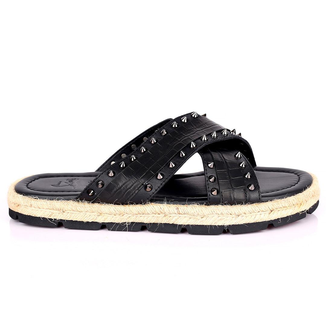 Salv Spike And Cow Hide Designed Original Cross Leather Slippers - Black - Obeezi.com