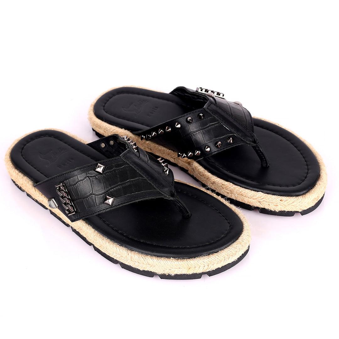 Salv Spike And Cow Hide Designed Original Leather Slippers - Black - Obeezi.com