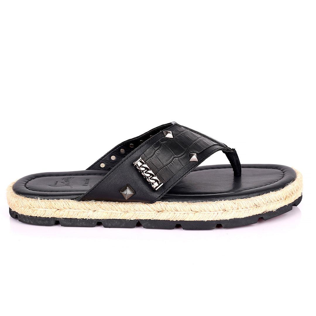 Salv Spike And Cow Hide Designed Original Leather Slippers - Black - Obeezi.com