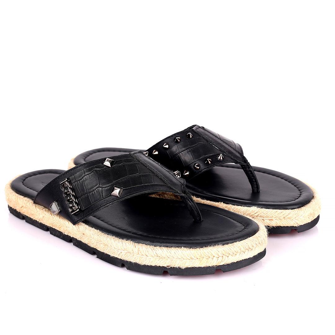 Salv Spike And Cow Hide Designed Original Leather Slippers - Black - Obeezi.com