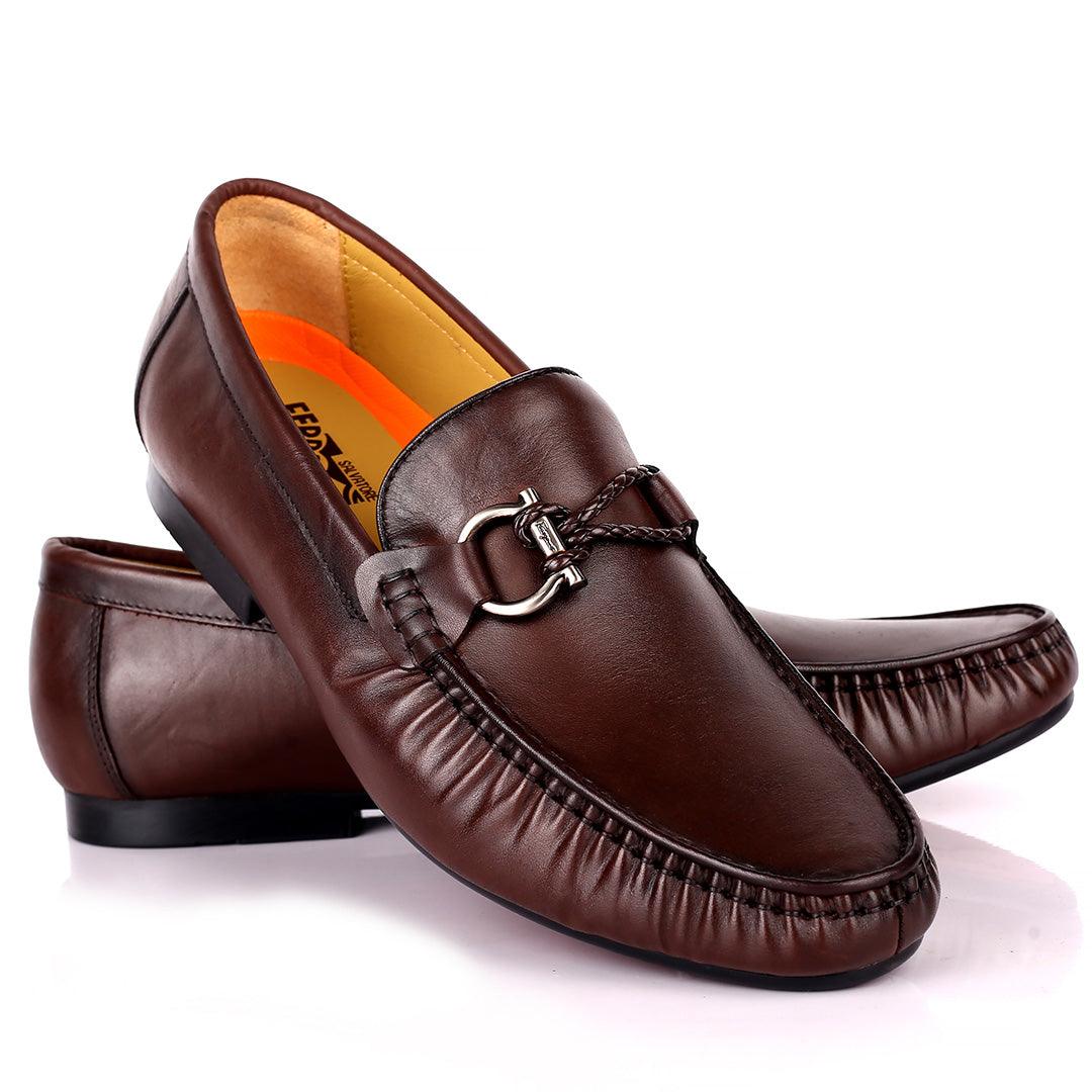Salvat Exquisite Silver Logo Designed Leather Shoe -Coffee - Obeezi.com