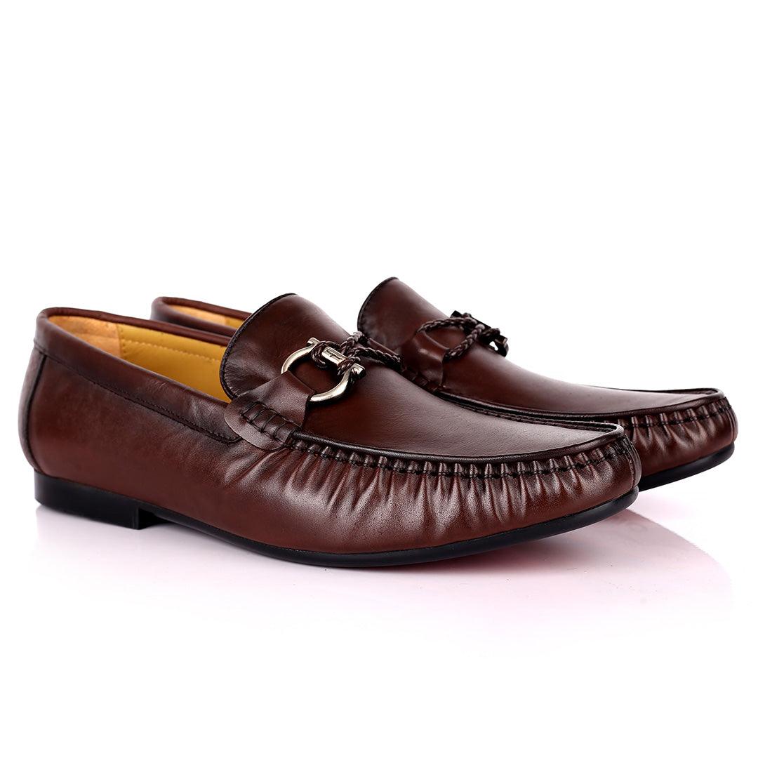 Salvat Exquisite Silver Logo Designed Leather Shoe -Coffee - Obeezi.com