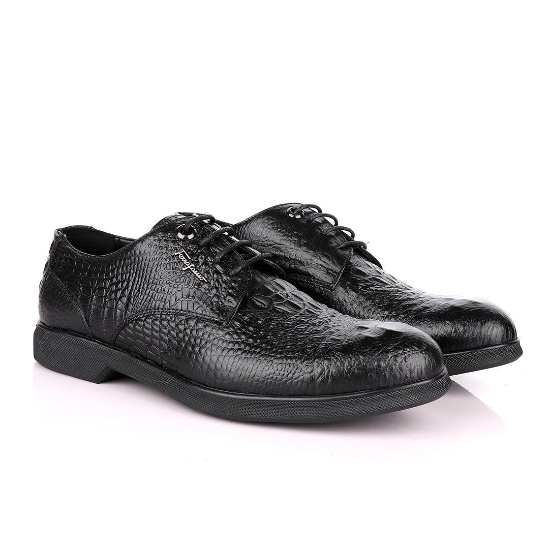 Salvatore Ferragamo Black Crocodile Leather Derby Laced Shoe - Obeezi