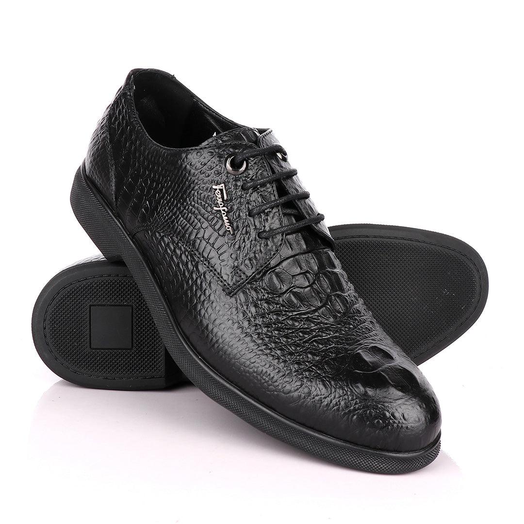 Salvatore Ferragamo Black Crocodile Leather Derby Laced Shoe - Obeezi